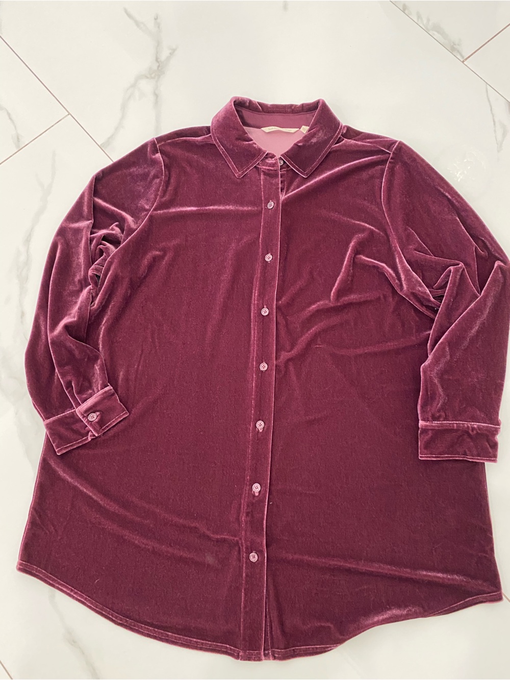 Soft Surroundings Velvet Boyfriend stretch Tunic button down Shirt in plum